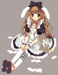 Rule 34 | 1girl, animal ears, apron, asymmetrical legwear, bad id, bad pixiv id, black bow, blush, bow, brown eyes, brown hair, card, dress, frilled apron, frills, full body, grey background, hair bow, jewelry, legs together, long hair, looking at viewer, masushita, mismatched legwear, original, pantyhose, pendant, puffy short sleeves, puffy sleeves, rabbit ears, red footwear, shoe soles, shoes, short sleeves, simple background, sitting, smile, solo, striped clothes, striped pantyhose, stuffed animal, stuffed toy, teddy bear, white pantyhose, wrist cuffs