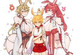 Rule 34 | 1boy, 2girls, adapted uniform, aether (genshin impact), ahoge, animal ears, antenna hair, areola slip, bare shoulders, blonde hair, blush, breasts, cleavage, closed mouth, commentary request, crossdressing, crossed bangs, detached sleeves, diluc (genshin impact), genderswap, genderswap (mtf), genshin impact, gohei, green eyes, hair ornament, hakama, hakama skirt, holding, japanese clothes, large breasts, long hair, long sleeves, looking at viewer, multiple girls, nontraditional miko, ohkrkr z, open mouth, rabbit boy, rabbit ears, rabbit girl, rabbit tail, red eyes, red hair, red hakama, ribbon-trimmed sleeves, ribbon trim, seelie (genshin impact), simple background, skirt, smile, tail, talisman, thoma (genshin impact), white background, wide sleeves, yellow eyes