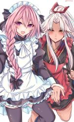 Rule 34 | 2boys, alternate costume, amakusa shirou (fate), amakusa shirou (third ascension) (fate), apron, astolfo (fate), crossdressing, dark-skinned male, dark skin, dress, fate/apocrypha, fate/grand order, fate (series), highres, long hair, looking at viewer, maid, male focus, multiple boys, official alternate costume, open mouth, pink hair, ponytail, purple eyes, ribbon, shisei (kyuushoku banchou), trap, white hair, yellow eyes