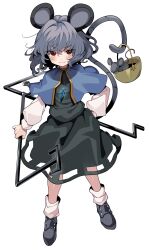Rule 34 | 1girl, animal, animal ears, black dress, black footwear, blue capelet, blush, capelet, closed mouth, dowsing rod, dress, full body, grey hair, hair between eyes, highres, jewelry, long sleeves, looking at viewer, manarou, mouse (animal), mouse ears, mouse tail, nazrin, pendant, red eyes, shoes, short hair, simple background, smile, solo, tail, touhou, white background