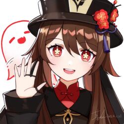Rule 34 | 1girl, :d, boo tao (genshin impact), brown hair, chinese clothes, commentary request, flower, genshin impact, ghost, hair between eyes, hat, hat flower, hat ornament, hu tao (genshin impact), jewelry, ji yue, long hair, long sleeves, looking at viewer, open mouth, porkpie hat, red eyes, ring, sidelocks, simple background, smile, symbol-shaped pupils, twintails, waving, white background, wide sleeves