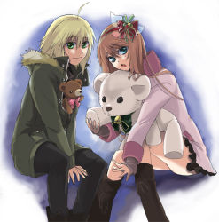 Rule 34 | 00s, blonde hair, blue eyes, brown hair, christmas, coat, emil castagnier, green eyes, hair ornament, long hair, marta lualdi, smile, stuffed animal, stuffed toy, tales of (series), tales of symphonia, tales of symphonia: dawn of the new world