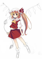 Rule 34 | 1girl, ascot, collar, crystal, dress, female focus, flandre scarlet, full body, hat, looking at viewer, mob cap, puffy short sleeves, puffy sleeves, red dress, seo tatsuya, short sleeves, side ponytail, simple background, solo, touhou, unfinished, vest, white background, wings