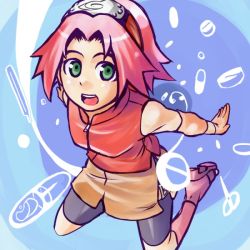 Rule 34 | 1girl, alternate breast size, arm support, arm warmers, bare shoulders, bike shorts, boots, breasts, brown gloves, brown skirt, eyebrows hidden by hair, foreshortening, from above, gloves, green eyes, hair intakes, haruno sakura, headband, headdress, knee boots, kneeling, konohagakure symbol, looking at viewer, looking up, miniskirt, naruto (series), naruto shippuuden, open mouth, pill, pink footwear, pink hair, red shirt, shiny clothes, shirt, short hair, shorts, shorts under skirt, side slit, skin tight, skirt, sleeveless, sleeveless shirt, smile, solo, spandex, w-asi, zipper