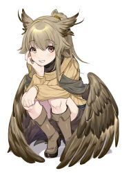Rule 34 | 1girl, absurdres, animal ears, bird ears, boots, brown footwear, brown hair, brown shorts, commentary, eyes visible through hair, full body, hand on own cheek, hand on own face, highres, long hair, long sleeves, looking at viewer, low wings, michia (bourgognepony), open mouth, original, ponytail, shadow, shorts, simple background, smile, solo, squatting, sweater, symbol-only commentary, teeth, white background, wings, yellow sweater
