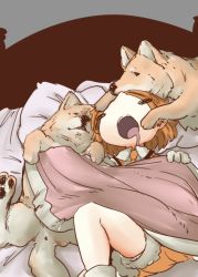 Rule 34 | 10s, 1girl, animal ears, bed, blanket, commentary request, dog, dog (shiba inu) (kemono friends), dog ears, dog tail, elbow gloves, fur trim, gloves, highres, kemono friends, light brown hair, motocompoooo, necktie, short hair, shorts, sleeping, tail