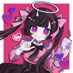 Rule 34 | 1girl, alcohol, bad id, bad pixiv id, black hair, blunt bangs, can, choker, clothing cutout, collared shirt, darling dance (vocaloid), drinking straw, dripping, dripping eye, glowing, hair ribbon, halo, heart, heart in eye, high-waist skirt, highres, holding, holding can, index finger raised, long hair, long sleeves, looking at viewer, melting halo, neck ribbon, o-ring, o-ring choker, original, pink eyes, pocan, purple eyes, ribbon, shirt, shoulder cutout, skirt, smile, solo, strong zero, symbol in eye, translation request, twintails, underbust, vocaloid