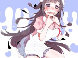 Rule 34 | 1girl, apron, bandages, black hair, blue background, blue skirt, blush, breasts, commentary request, danganronpa (series), danganronpa 2: goodbye despair, jian jing, large breasts, long hair, looking at viewer, mole, mole under eye, nurse, open mouth, pink eyes, pink shirt, pleated skirt, puffy short sleeves, puffy sleeves, seiza, shiny skin, shirt, short sleeves, sitting, skirt, solo, tears, tsumiki mikan, white apron, white background