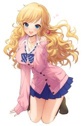 Rule 34 | 1girl, :d, absurdres, blonde hair, blue eyes, blue skirt, blush, bow, bowtie, breasts, candy, collarbone, food, gyaru, heart, highres, holding, holding candy, holding food, idolmaster, idolmaster cinderella girls, jewelry, kneeling, kogal, lollipop, long hair, looking at viewer, loose bowtie, medium breasts, nail polish, necklace, neru5, ohtsuki yui, open collar, open mouth, pleated skirt, round teeth, simple background, skirt, smile, solo, sweater vest, teeth, very long hair, wavy hair, white background