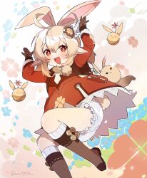 Rule 34 | 1girl, ahoge, animal ears, backpack, bag, bloomers, blue flower, blush, boots, brown footwear, brown gloves, coat, dodoco (genshin impact), flower, genshin impact, gloves, hair ornament, highres, klee (genshin impact), open mouth, petals, pointy ears, rabbit ears, rabbit girl, rabbit tail, red coat, red eyes, solo, tail, twintails, twitter username, underwear, wai1010