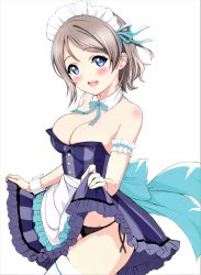 Rule 34 | 1girl, absurdres, apron, black panties, blue eyes, blush, breasts, brown hair, buttons, cleavage, detached collar, dress, frills, highres, lifted by self, looking at viewer, love live!, love live! sunshine!!, maid, maid headdress, medium breasts, open mouth, panties, sankuro (agoitei), short hair, simple background, skirt hold, smile, solo, strapless, strapless dress, striped clothes, striped dress, thighhighs, underwear, vertical stripes, waist apron, watanabe you, white background, white thighhighs, wrist cuffs