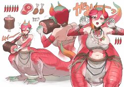 Rule 34 | 1girl, absurdres, animal hands, armband, boned meat, breasts, brown eyes, chili pepper, claw pose, claws, colored eyelashes, colored tips, commentary request, dragon girl, dragon horns, eating, food, full body, green hair, hands up, highres, holding, holding food, horns, jewelry, large breasts, looking at food, looking at viewer, meat, monster girl, multicolored hair, multiple views, necklace, orange hair, original, pelvic curtain, raw meat, red hair, red horns, red scales, ringed eyes, sakoku (oyatsu3ji ), sharp teeth, short hair, simple background, single strap, sitting, teeth, tongue, tongue out, torn clothes, translation request, white background