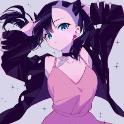 Rule 34 | 1girl, arms up, asymmetrical bangs, black choker, black hair, black jacket, choker, creatures (company), dress, earrings, flat chest, floating hair, game freak, green eyes, grey background, highres, jacket, jewelry, looking at viewer, marie (pixiv59672544), marnie (pokemon), nintendo, open clothes, open jacket, parted lips, pink dress, pokemon, pokemon swsh, solo, sparkle, stud earrings, twintails, undercut, upper body