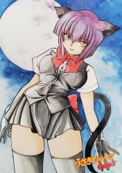 Rule 34 | 00s, 1girl, absurdres, animal ears, cat ears, cat girl, cat tail, dress, fang, highres, koshka, lips, looking at viewer, miniskirt, official art, short hair, skirt, sky, smile, solo, standing, tail, title, traditional media, usagi-chan de cue, wide hips, yellow eyes
