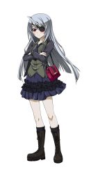 Rule 34 | 10s, 1girl, black footwear, black necktie, black skirt, black socks, boots, brown hair, combat boots, cross-laced footwear, crossed arms, eyepatch, full body, green shirt, highres, infinite stratos, lace-up boots, laura bodewig, long hair, looking at viewer, necktie, pleated skirt, shirt, silver hair, skirt, socks, solo, transparent background
