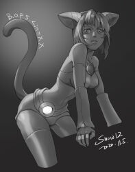 Rule 34 | 1girl, absurdres, animal ears, breasts, breath of fire, breath of fire v, cat ears, dated, fingerless gloves, gloves, greyscale, highres, lin (breath of fire), medium breasts, monochrome, short hair, shorts, simple background, snow12, solo, tail, thighhighs