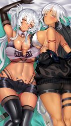 Rule 34 | 2girls, alabama (azur lane), arm up, armpits, ass, asymmetrical docking, azur lane, bare shoulders, bikini, bikini top only, bikini under clothes, black gloves, black jacket, blush, bodypaint, grabbing another&#039;s breast, breast press, breasts, choker, cleavage, collarbone, commentary, commission, dark-skinned female, dark skin, detached collar, elbow gloves, facepaint, facial mark, feather hair ornament, gloves, grabbing, groin, hair ornament, highleg, highres, jacket, large breasts, long hair, long sleeves, looking at viewer, massachusetts (azur lane), multiple girls, native american, navel, open clothes, parted lips, piukute062, pubic tattoo, red eyes, shorts, signature, silver hair, skindentation, smile, stomach, strapless, swimsuit, tattoo, thigh strap, thighhighs, thighs, thong, tube top, twintails