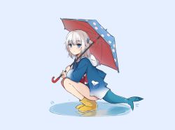 Rule 34 | 1girl, blue eyes, blue hair, blue hoodie, closed mouth, fins, fish tail, from side, gawr gura, grey background, grey hair, highres, holding, holding umbrella, hololive, hololive english, hood, hood down, hoodie, long sleeves, looking at viewer, multicolored hair, polka dot, polka dot umbrella, shark tail, shuuzo3, simple background, solo, squatting, streaked hair, tail, umbrella, virtual youtuber, water