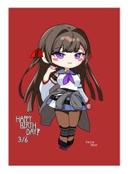 Rule 34 | 1girl, arm at side, arm belt, assault lily, belt, black belt, black shirt, blue sailor collar, blue skirt, blunt bangs, blunt ends, blush, boots, border, breasts, brown footwear, brown hair, brown pantyhose, character name, chibi, closed mouth, clothes around waist, commentary, crop top, detached sleeves, full body, hair intakes, hair ribbon, hand up, happy birthday, highres, knee pads, kozue west, long hair, long sleeves, looking at viewer, medium breasts, miniskirt, neckerchief, odaiba girls high school uniform, pantyhose, pleated skirt, purple eyes, purple neckerchief, red background, red ribbon, ribbon, sailor collar, school uniform, serafuku, shirt, simple background, skirt, sleeveless, sleeveless shirt, smile, solo, standing, undershirt, very long hair, white border, yui (yui1115 )