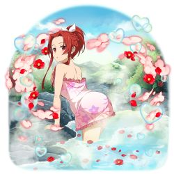 Rule 34 | 1girl, arm support, bow, braid, female focus, floral print, flower, frilled towel, hair bow, hair intakes, high ponytail, highres, leaning forward, long hair, matching hair/eyes, naked towel, official art, onsen, open mouth, pink towel, print towel, red eyes, red flower, red hair, shoulder blades, solo, sword art online, sword art online: alicization, tiese schtrinen, towel, transparent background, wading, wet, wet hair, white bow