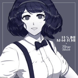 Rule 34 | 1girl, album cover redraw, black bow, black bowtie, bow, bowtie, breasts, character name, collared shirt, commentary request, derivative work, dress shirt, hairband, idolmaster, idolmaster cinderella girls, looking at viewer, lunaticat, medium breasts, monochrome, nagatomi hasumi, parted lips, real life, shirt, short hair, short sleeves, smile, solo, suspenders, sweetest music, takeuchi mariya, upper body