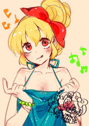 Rule 34 | 1girl, :p, aikatsu!, aikatsu! (series), alternate hairstyle, apron, apron lift, bare shoulders, beamed eighth notes, blonde hair, blush, bow, bracelet, breasts, character signature, cleavage, clothes lift, collarbone, commentary, eighth note, hair between eyes, hair bow, hair bun, half note, highres, hoshimiya ichigo, jewelry, long hair, looking at viewer, musical note, naked apron, pink background, red eyes, simple background, single hair bun, sketch, solo, tachikawa kousuke, tongue, tongue out, upper body