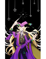 Rule 34 | 1boy, absurdres, arm up, black background, blonde hair, cape, closed eyes, conductor baton, curly hair, fang, fate/grand order, fate (series), fingernails, hat, highres, kittchi (kmmr 004), long hair, long sleeves, male focus, open mouth, pillarboxed, purple hat, sharp fingernails, simple background, smile, solo, star (symbol), very long hair, wolfgang amadeus mozart (fate)