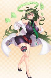 Rule 34 | animated, animated gif, artist request, bare legs, bare shoulders, belt, black jacket, clara (project qt), crossed legs, dress, glasses, green eyes, green hair, high heels, highres, jacket, lab coat, name tag, necktie, project qt, third-party source, tight clothes, tight dress, utility belt