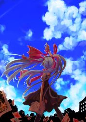 Rule 34 | 1girl, book, cloud, day, dress, female focus, from behind, hair ribbon, hatsune miku, headphones, long hair, monochro blue sky (vocaloid), outdoors, outstretched arm, outstretched hand, pencil, reaching, ribbon, sky, solo, sorano eika, thighhighs, twintails, very long hair, vocaloid