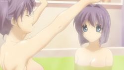 Rule 34 | 2girls, animated, anime screenshot, armpits, audible speech, bare arms, bare shoulders, bath, bathing, blue eyes, blush, bouncing breasts, breasts, clannad, cleavage, collarbone, completely nude, english audio, fujibayashi kyou, fujibayashi ryou, hair between eyes, highres, large breasts, multiple girls, nude, partially submerged, purple eyes, purple hair, shiny skin, smile, sound, steam, stretching, tagme, video, wet