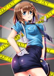 Rule 34 | 1girl, ass, blue eyes, blush, brown hair, caution tape, cosplay, dress shirt, from side, gloves, grin, hair ornament, hairclip, hand on own ass, hand on own hip, hat, holding, holding clothes, holding hat, keep out, long sleeves, looking at viewer, looking back, lyrical nanoha, mahou senki lyrical nanoha force, miniskirt, necktie, peaked cap, pencil skirt, police, police uniform, san-pon, shirt, short hair, skirt, smile, solo, standing, uniform, unworn hat, unworn headwear, whistle, white gloves, x hair ornament, yagami hayate