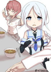 Rule 34 | 10s, 1boy, 2girls, admiral (kancolle), bare shoulders, black gloves, blue eyes, blue neckerchief, braid, chopsticks, closed eyes, commentary request, curvy, detached sleeves, dirty, dirty clothes, eating, elbow gloves, gloves, handkerchief, kantai collection, kinu (kancolle), long hair, long sleeves, looking at viewer, misumi (niku-kyu), multiple girls, neckerchief, polka dot, red hair, school uniform, serafuku, short hair, short sleeves, silver hair, single braid, standing, twitter username, umikaze (kancolle)