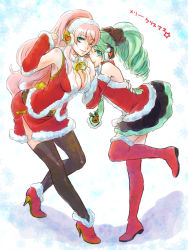 Rule 34 | 2girls, boots, bow, breasts, cheri, christmas, cleavage, detached sleeves, gloves, green eyes, green hair, hair bow, hatsune miku, high heels, highres, long hair, medium breasts, megurine luka, multiple girls, one eye closed, pink hair, santa costume, shoes, skirt, smile, thigh boots, thighhighs, very long hair, vocaloid, wink