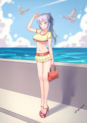 Rule 34 | 1girl, animal, bag, bird, blue eyes, blue sky, blunt bangs, blush, breasts, chinese commentary, cloud, cloudy sky, collarbone, commentary request, contrail, crop top, day, fingernails, full body, hair tie, hand to head, hand up, handbag, high heels, highres, large breasts, legs together, light purple hair, long hair, looking at viewer, midriff, miniskirt, nail polish, navel, no bra, ocean, open mouth, original, outdoors, pigeon, pleated skirt, ponytail, red footwear, red nails, sample watermark, shirt, short sleeves, sidelocks, skirt, sky, smile, solo, split mouth, standing, stomach, toenail polish, toenails, toes, underboob, watermark, xiaoxi0619