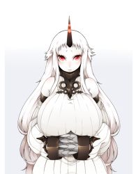 Rule 34 | 10s, 1girl, abyssal ship, breasts, claws, detached sleeves, dress, covered erect nipples, horns, huge breasts, kantai collection, large breasts, long hair, makarodon, red eyes, ribbed dress, ribbed sweater, seaport princess, single horn, sweater, sweater dress, white hair