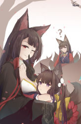 Rule 34 | 1girl, 3girls, ?, absurdres, akagi-chan (azur lane), akagi (azur lane), amagi (azur lane), animal ears, azur lane, bell, black gloves, black kimono, breasts, brown hair, brown tail, coat, detached sleeves, finger to mouth, fox ears, fox girl, fox tail, from side, gloves, graffiti, hair bell, hair ornament, highres, japanese clothes, kimono, kitsune, kyuubi, long hair, looking at viewer, medium breasts, multiple girls, multiple tails, one eye closed, po-ou. frame, purple kimono, red coat, red eyes, simple background, tail, upper body