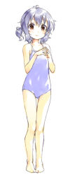 Rule 34 | 1girl, antenna hair, barefoot, blue one-piece swimsuit, blush, brown eyes, full body, grey hair, idolmaster, idolmaster cinderella girls, kawaseki, mole, mole under eye, narumiya yume, one-piece swimsuit, one side up, own hands together, school swimsuit, short hair, simple background, sketch, solo, steepled fingers, swimsuit, thigh gap, white background