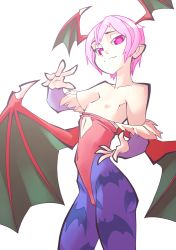Rule 34 | 1girl, animal print, bat print, breasts, capcom, head wings, lilith aensland, nipples, pantyhose, pink hair, small breasts, solo, the pink pirate, transparent background, vampire (game), wings