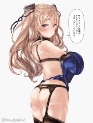 Rule 34 | 1girl, ass, back, bare shoulders, black bra, black gloves, black panties, black thighhighs, blue shirt, blush, bra, damaged, from behind, garter straps, gloves, hair between eyes, hair ornament, hair ribbon, johnston (kancolle), juurouta, kantai collection, light brown hair, long hair, looking back, no pants, panties, pink background, ribbon, sailor collar, shirt, simple background, solo, thighhighs, thong, torn clothes, twintails, twitter username, two side up, underwear, undressing