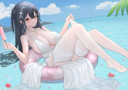 Rule 34 | 1girl, absurdres, azur lane, black hair, blue sky, blush, breasts, cleavage, closed mouth, cloud, cloudy sky, dress, flower, food, full body, garter straps, hair flower, hair ornament, halter dress, halterneck, highres, holding, holding food, innertube, jewelry, large breasts, leaf, leaning back, long hair, looking at viewer, necklace, no shoes, plunging neckline, popsicle, red eyes, red flower, sitting, sky, smile, solo, swim ring, taihou (azur lane), taihou (temptation on the sea breeze) (azur lane), thighhighs, two side up, uka (315302627), water, white dress, white thighhighs