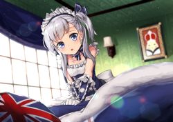 Rule 34 | 1girl, aged down, aono meri, azur lane, bed, belfast (azur lane), blue dress, braid, commentary request, drawing (object), dress, elbow gloves, gloves, highres, little bel (azur lane), long hair, maid headdress, open mouth, picture frame, pillow, ribbon, side ponytail, silver hair, sitting, solo, v arms, window