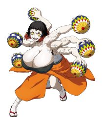 Rule 34 | 1girl, alternate breast size, ball, balloon, breasts, clothes, demon girl, dratvan504, female focus, highres, huge breasts, kimetsu no yaiba, large breasts, looking at viewer, multicolored hair, multiple arms, muscular, muscular female, open mouth, short hair, simple background, smile, solo, susamaru (kimetsu no yaiba), veins, veiny arms, white background, yellow eyes