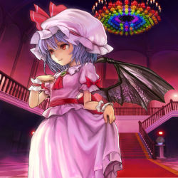 Rule 34 | 1girl, ascot, bad id, bad pixiv id, bat wings, blue hair, brooch, chandelier, checkered floor, facing away, hand on own chest, hat, hat ribbon, highres, houhokekyo, indoors, jewelry, light smile, mob cap, plant, potted plant, railing, red carpet, red eyes, remilia scarlet, ribbon, sash, short hair, short sleeves, skirt, skirt hold, skirt set, solo, stairs, touhou, wings, wrist cuffs