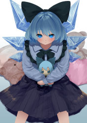 Rule 34 | 1girl, :/, absurdres, alternate costume, black bow, black bowtie, blue bow, blue eyes, blue hair, blush, bow, bowtie, character doll, cirno, closed mouth, crossed wrists, doll, expressionless, feet out of frame, frilled shirt collar, frills, from above, fumo (doll), hair bow, highres, holding, holding doll, ice, ice wings, kiyonetto, looking at viewer, pillow, pleated skirt, short hair, simple background, sitting, skirt, solo, stuffed animal, stuffed toy, sweater, teddy bear, touhou, upturned eyes, white background, wings