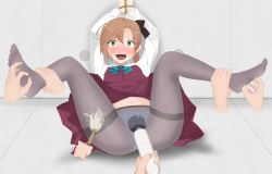 Rule 34 | 10s, 1girl, akigumo (kancolle), arms up, artist request, ass, bdsm, between legs, black bow, black pantyhose, blue bow, blue panties, blush, bondage, bound, bow, brown hair, brush, disembodied limb, drooling, empty eyes, feet, full body, green eyes, grey background, hair bow, hair ornament, highres, hitachi magic wand, indoors, kantai collection, legs up, long sleeves, looking at viewer, lying, navel, on back, open mouth, own hands together, panties, panties under pantyhose, pantyhose, red skirt, rope, saliva, school uniform, see-through, serafuku, sex toy, shirt, short hair, simple background, skirt, smile, solo, spread legs, tears, teeth, thighband pantyhose, tickling, underwear, upskirt, vest, vibrator, white shirt