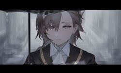 Rule 34 | 1girl, arknights, ascot, black jacket, brown hair, collared shirt, cpace, earrings, expressionless, highres, holding, holding umbrella, jacket, jewelry, letterboxed, long hair, looking at viewer, making-of available, mole, mole above mouth, outdoors, penance (arknights), portrait, rain, shirt, solo, umbrella, white ascot, white shirt, yellow eyes