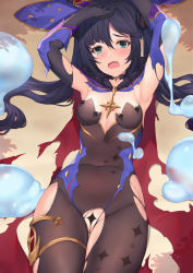 Rule 34 | 1girl, anklet, armpits, arms up, bad id, bad pixiv id, black choker, black gloves, black hair, blue eyes, blue leotard, bodystocking, breasts, cape, choker, cleft of venus, covered navel, elbow gloves, fur trim, genshin impact, gloves, groin, hat, highres, jewelry, leotard, long hair, looking at viewer, lying, medium breasts, mona (genshin impact), no panties, on back, open mouth, pak ce, pussy, skindentation, slime (creature), solo, thighs, torn clothes, torn gloves, torn leotard, twintails, unworn hat, unworn headwear