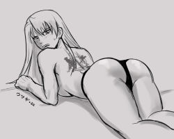 Rule 34 | 1girl, alternate hairstyle, ass, back tattoo, blush, conejologia, earrings, fullmetal alchemist, hair down, jewelry, long hair, lying, monochrome, no bra, on stomach, panties, riza hawkeye, simple background, solo, tattoo, thighs, translation request, underwear