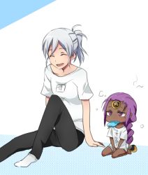 Rule 34 | 00s, 2girls, 6 (yuchae), age difference, barefoot, braid, dark skin, dark-skinned female, dust of osiris, dust of osiris revised, food, forehead jewel, ice block, melty blood, multiple girls, popsicle, purple eyes, purple hair, riesbyfe stridberg, seiza, single braid, sitting, sitting on head, sitting on person, size difference, socks, tsukihime, v arms, white hair, aged down