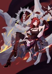 Rule 34 | 1girl, absurdres, arknights, black dress, black thighhighs, demon girl, demon horns, detached collar, dress, ghosty (xiaobai), hair intakes, highres, holding, holding weapon, horns, long hair, looking at viewer, purple eyes, red background, red hair, sitting, surtr (arknights), sword, thighhighs, weapon